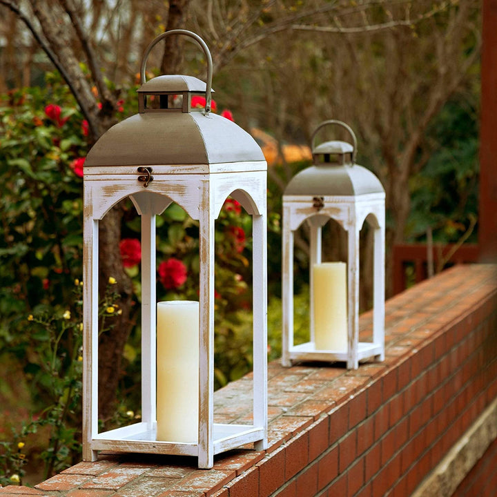 MISC Set 2 Farmhouse Wooden Lantern White Vintage Iron Wood Finish Handmade