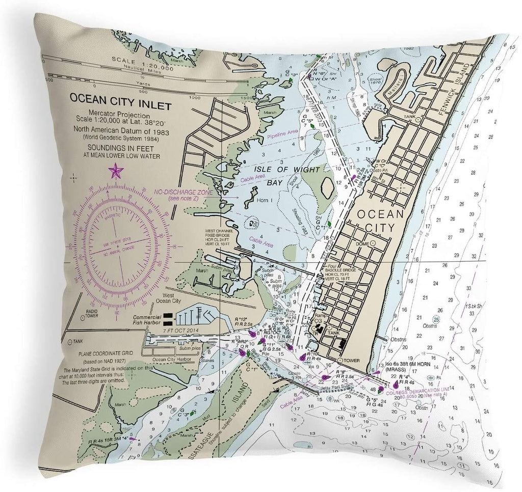 Ocean City Inlet Va Nautical Map Noncorded Pillow 12x12 Color Graphic Coastal Polyester