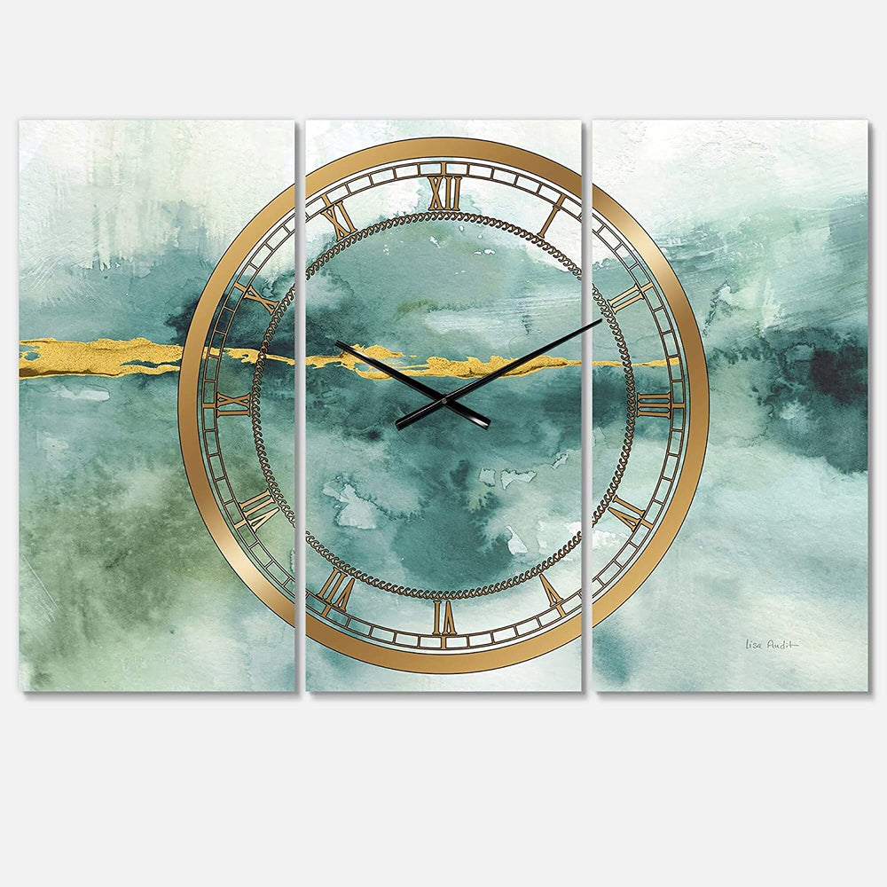 Blue Watercolor Impression Gold' Glam 3 Panels Oversized Wall Clock 36 Wide X 28 High Panels Blue Modern Contemporary Rectangular Steel Finish - Diamond Home USA