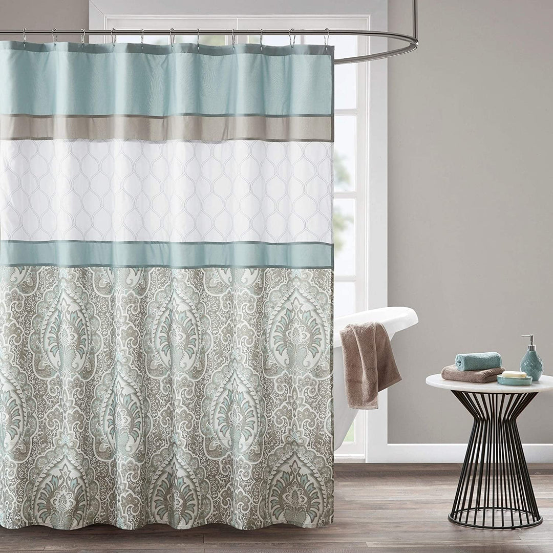 Blue Printed Embroidered Shower Curtain Traditional