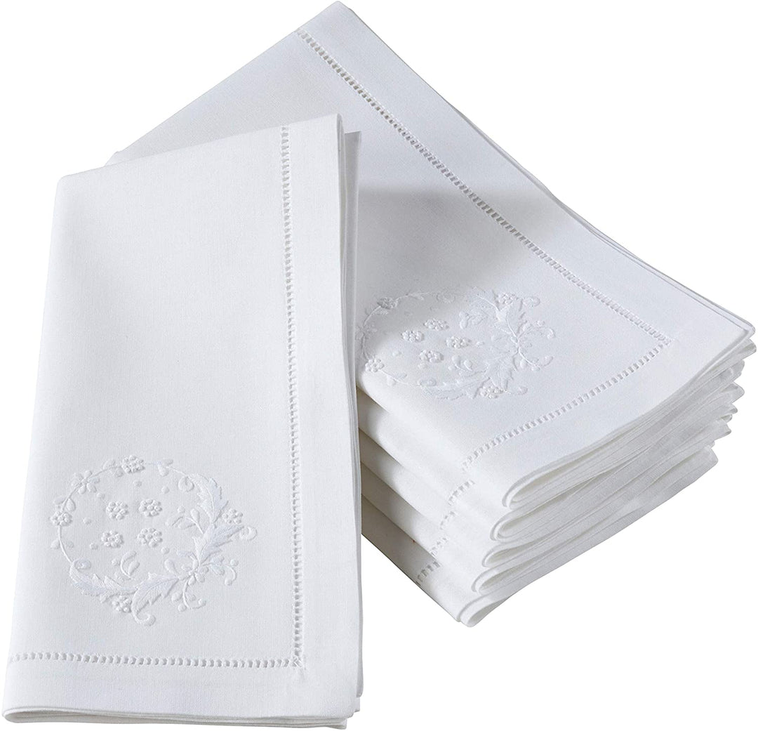 Embroidered Small Flowers Hemstitched Cotton Napkin (Set