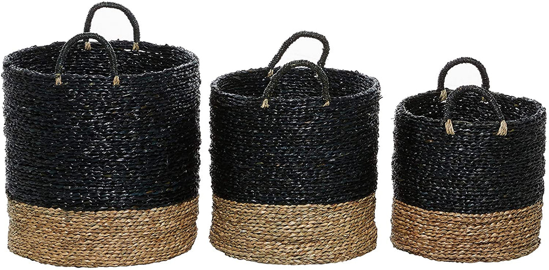 Round Seagrass Baskets Handles Set 3 14" 16" 18" 17 X 15 17round Black - Diamond Home USA