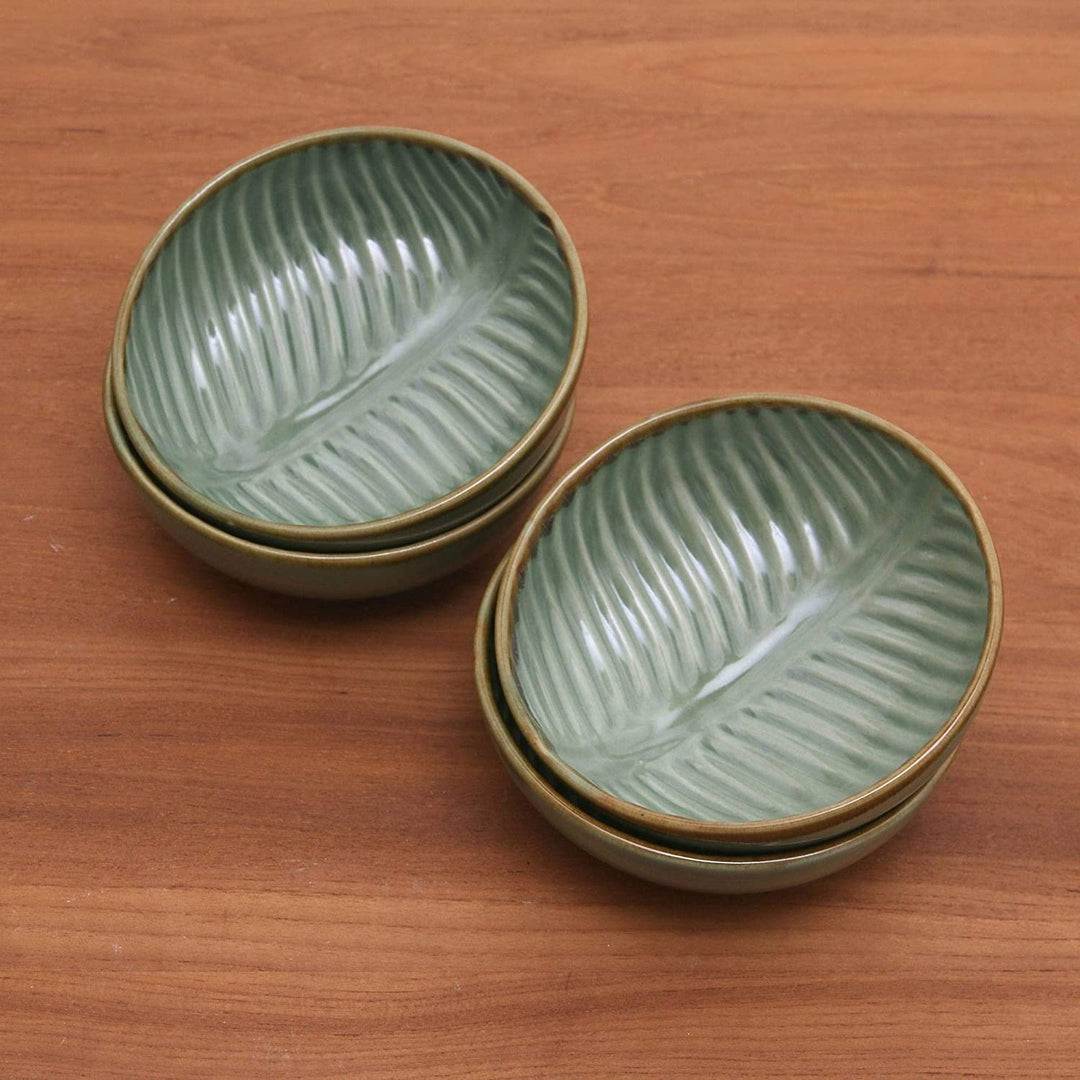 Handmade Banana Vibes Ceramic Dessert Bowls Set 4 (Indonesia) Green Fruit Modern Contemporary Round Piece