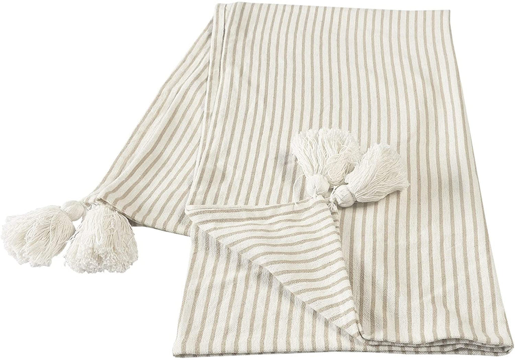 MISC Striped Ivory Beige Tasseled Throw Blanket Off/White Casual Cottage Farmhouse Cotton Handmade