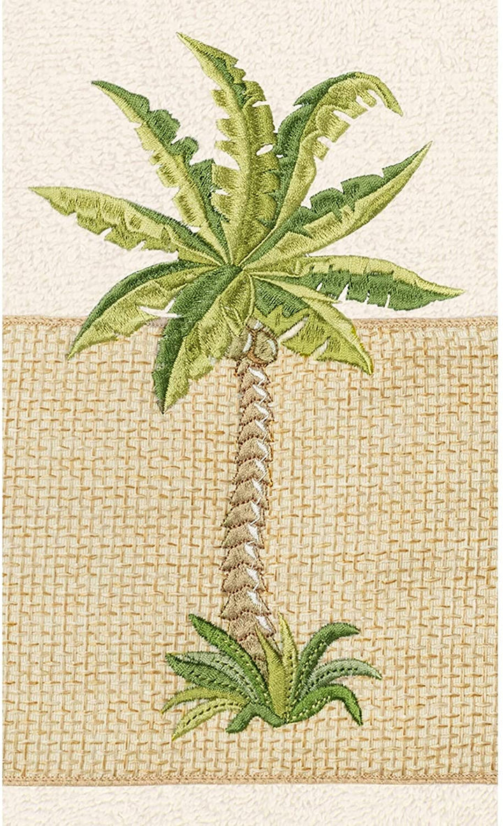 Turkish Cotton Palm Tree Embroidered Cream Bath Towels (Set 2) Brown Color Block - Diamond Home USA