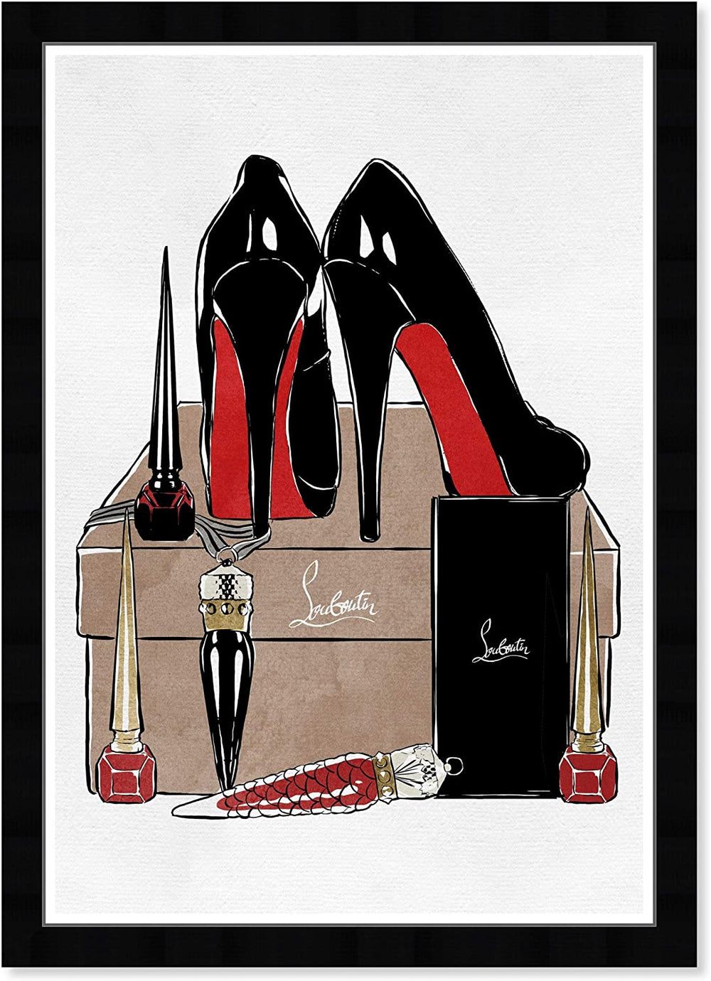 Heels Fashion' Fashion Glam Wall Art Framed Shoes Black Red Modern Contemporary Rectangle - Diamond Home USA