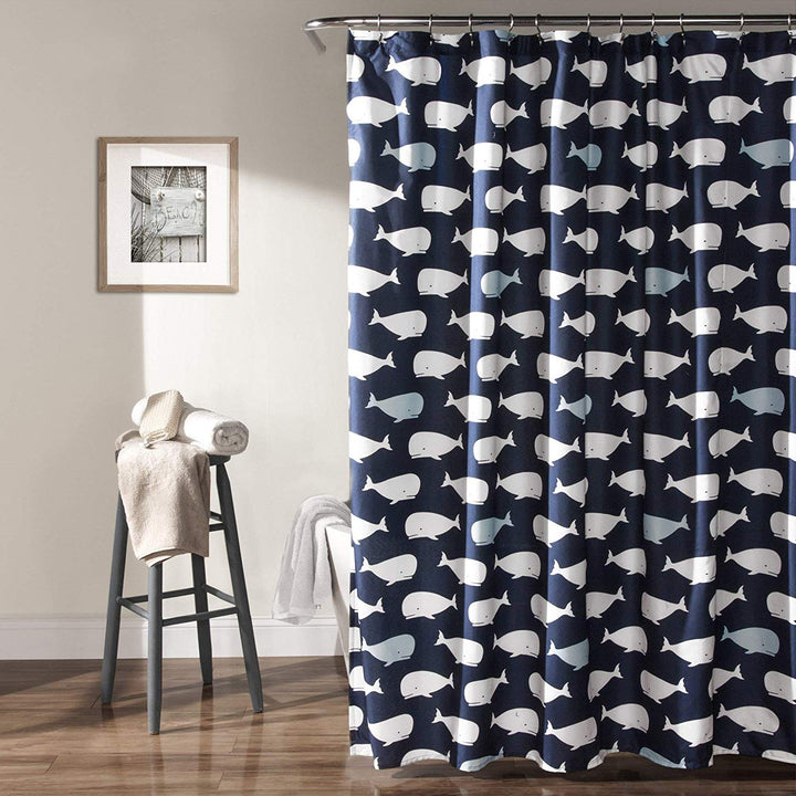 Whale Shower Curtain Kids White Blue Cartoon Animated Whales