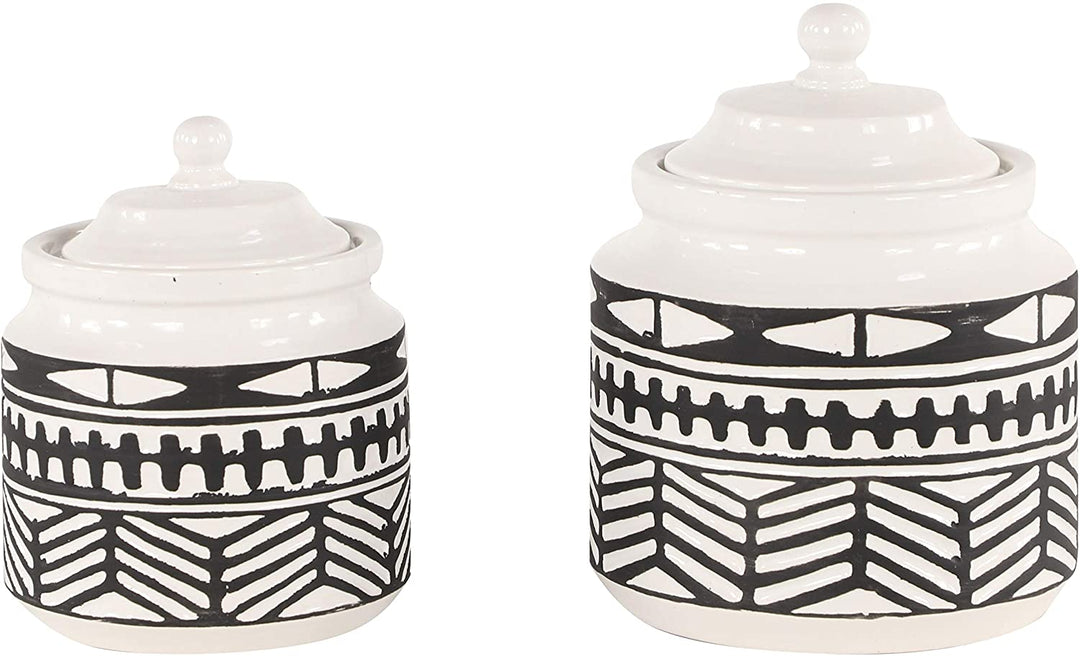 Large Round Black White Ceramic Jars W Eclectic Geometric