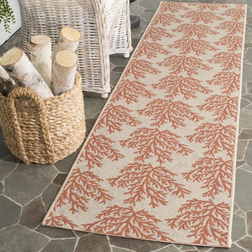 2'3 x 8' Orange Tan Coral Pattern Runner Rug Rectangle Beige Beach Theme Runner Rug Geometric Floral Reef Patterned Floor Cover Coastal Nautical