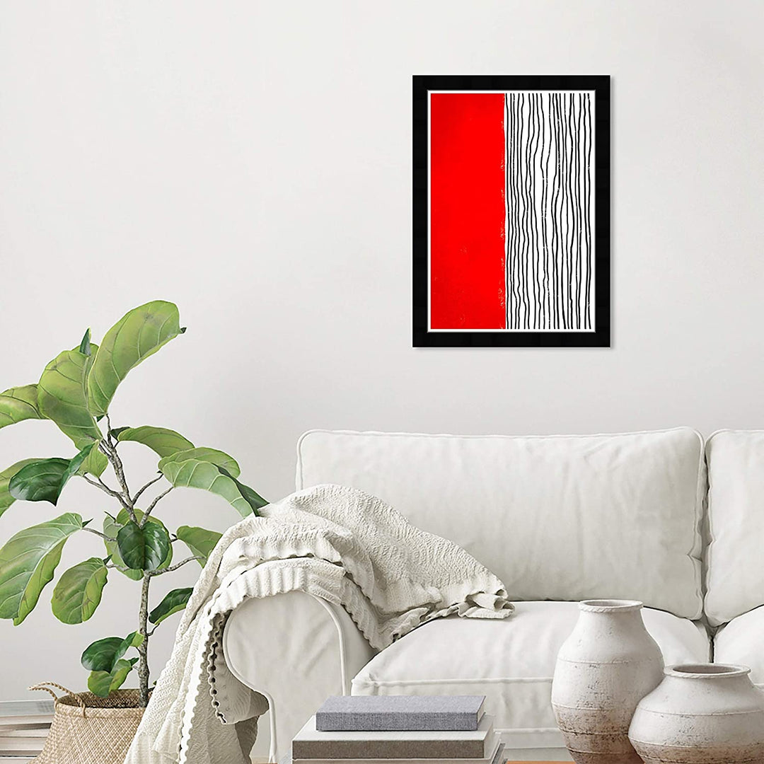 Red Lines' Abstract Wall Art Framed Shapes Red White Mid