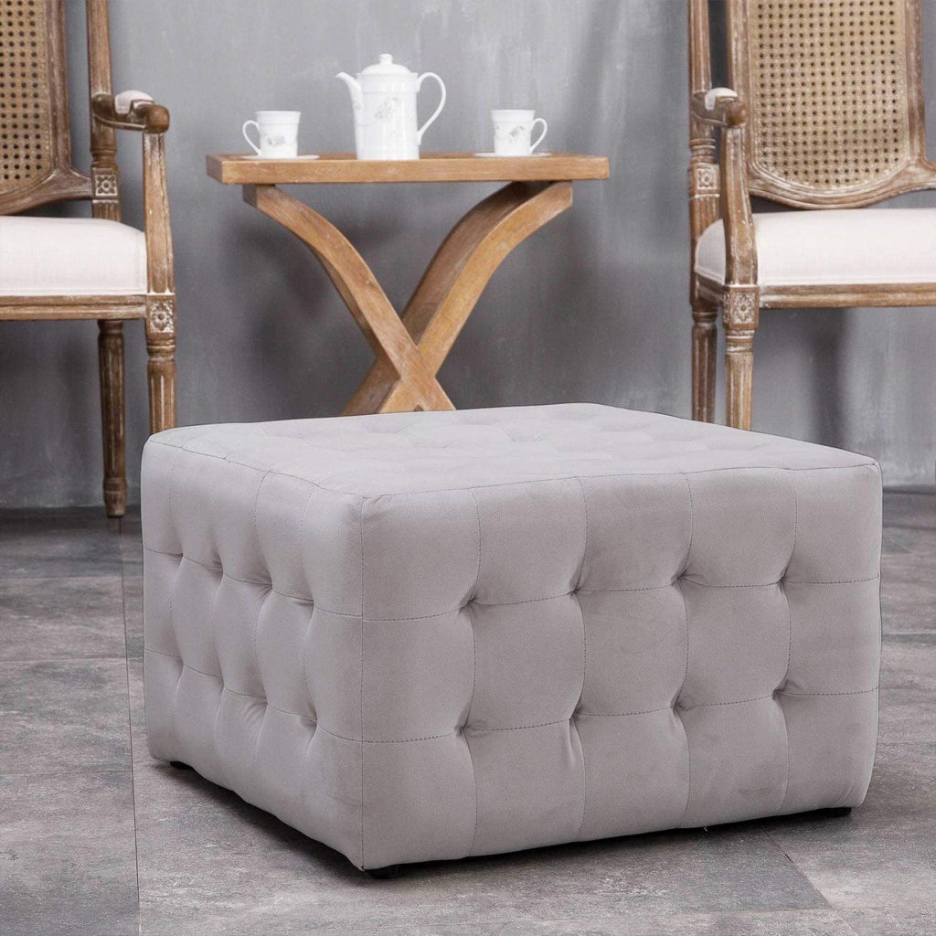 Grey 23 inch Square Tufted Padded Ottoman Modern Contemporary Traditional Solid Upholstered Velvet Wood