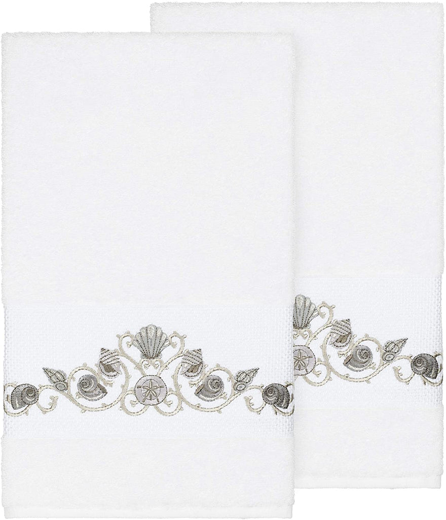 Turkish Cotton Shells Embroidered White 2 Piece Bath Towel Set Terry Cloth