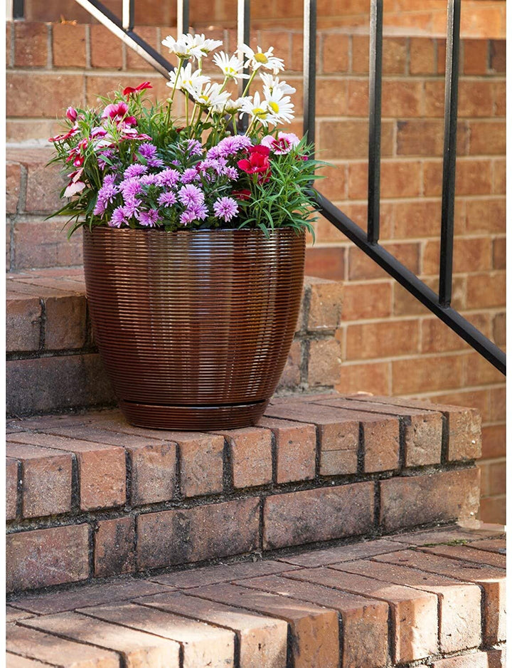 8" Planter 2 pk Brown Bohemian Eclectic Round Ceramic - Diamond Home USA