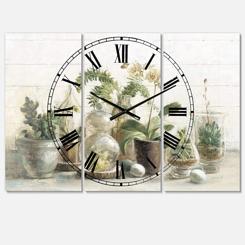 3 Panels Oversized Wall Clock 36 Wide X 28 High Panels Green Farmhouse Traditional Rectangular Steel Finish Battery Included - Diamond Home USA