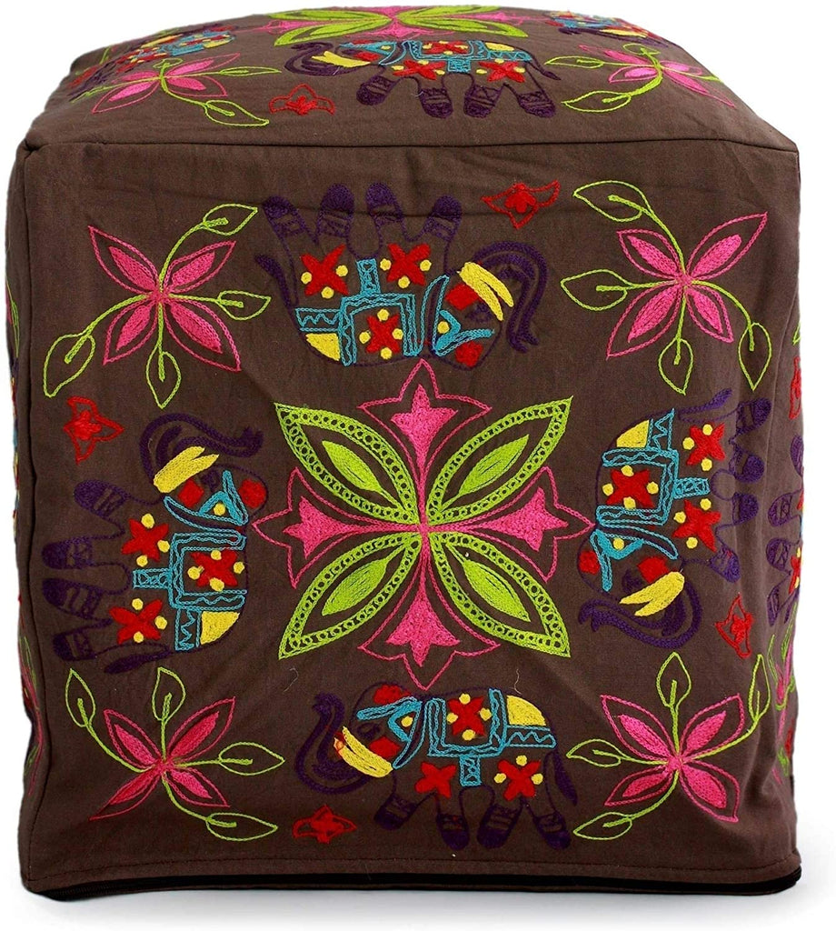 MISC Handmade Cotton Rayon 'Elephant Blooms' Ottoman Pouf Cover (India) Brown Green Pink Geometric Pattern
