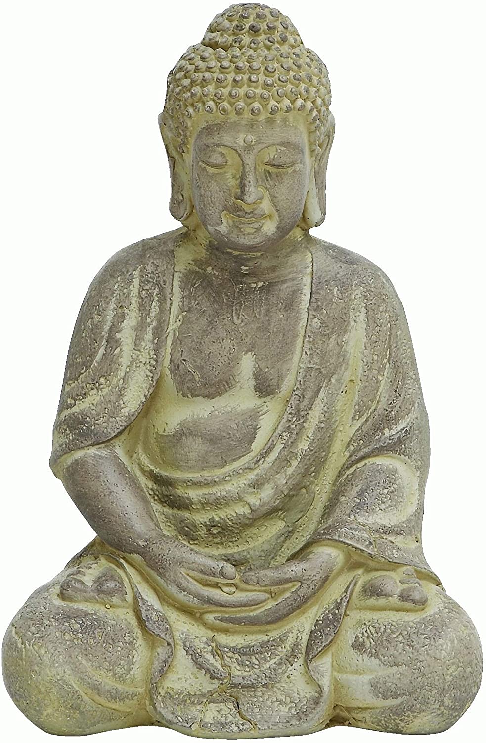 Antiqued Yellow Fiber Clay Sitting Buddha Black Grey Acacia Organic
