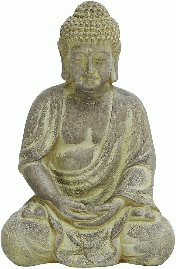Antiqued Yellow Fiber Clay Sitting Buddha Black Grey Acacia Organic