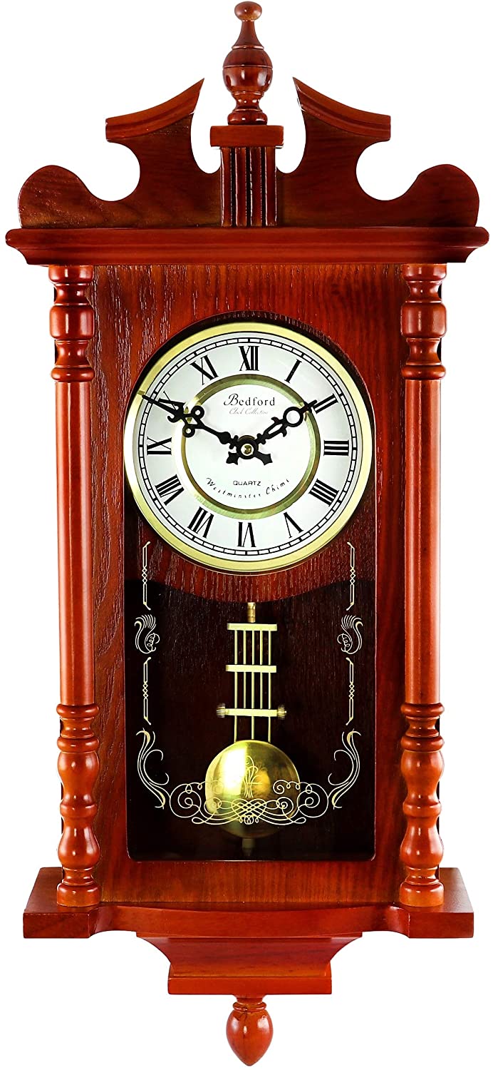 Decorative Wall Clock Pendulum Chime Red Rectangular Wood Mahogany Finish - Diamond Home USA