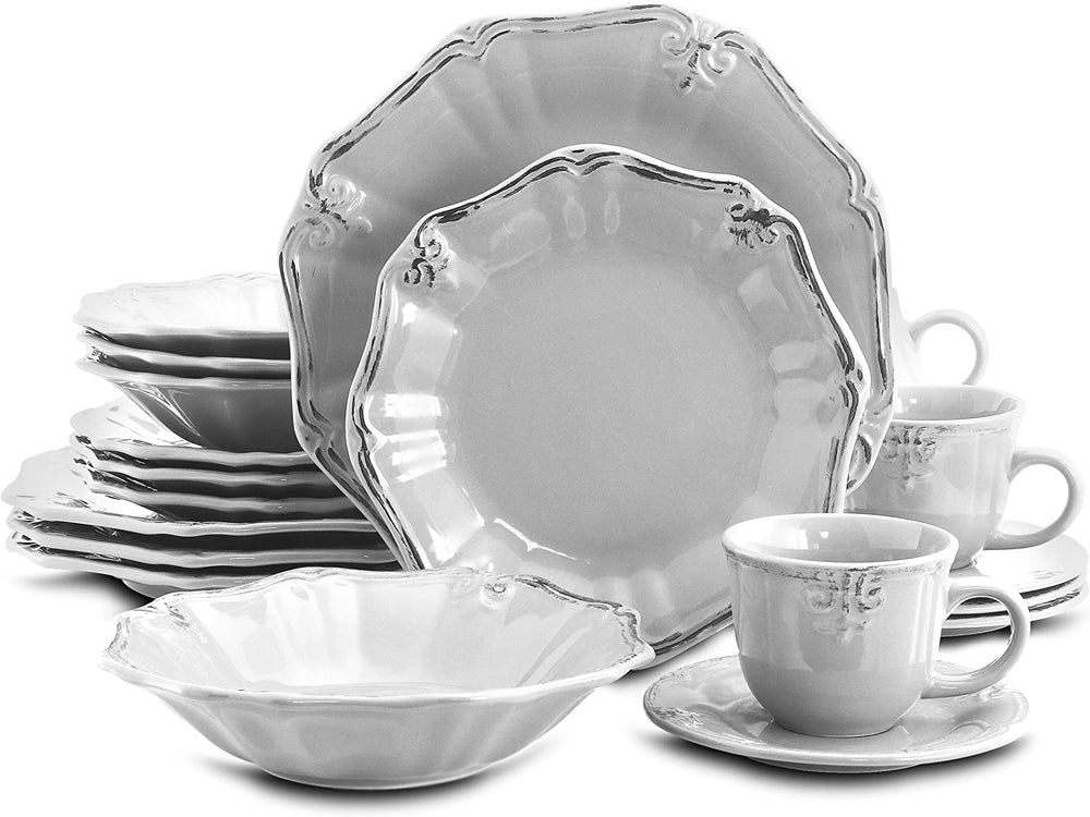 Beveled Edge 20 Piece Dinnerware Set White Textured Casual Round Stoneware Microwave Safe - Diamond Home USA