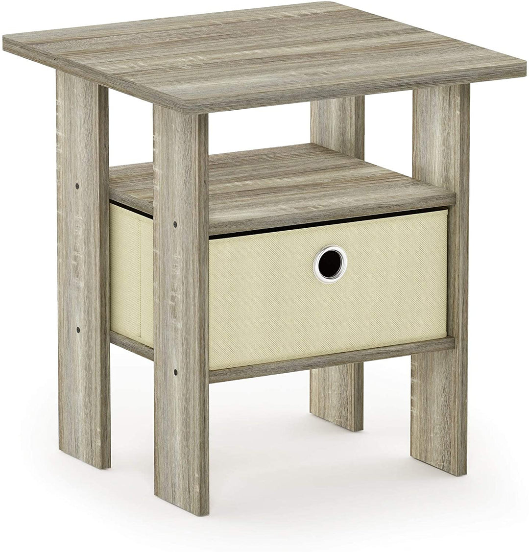 End Table Nightstand Bin Drawer Oak/Ivory Beige Modern