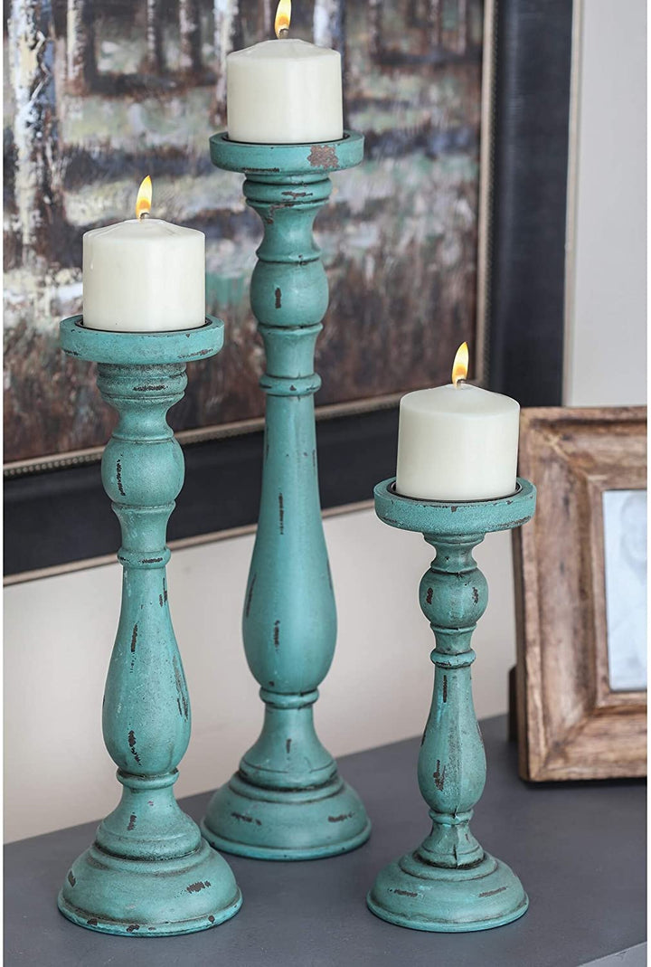 Wood Teal Candle Holders (Set 3) Blue