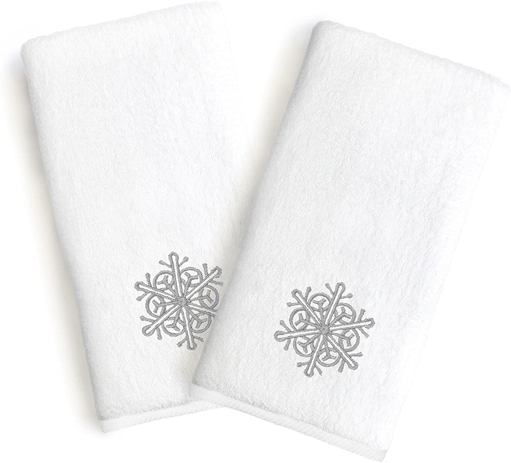 Holiday Turkish Cotton Hand Towels Silver Snowflake Embroidery (Set 2) White Solid Color Embroidered