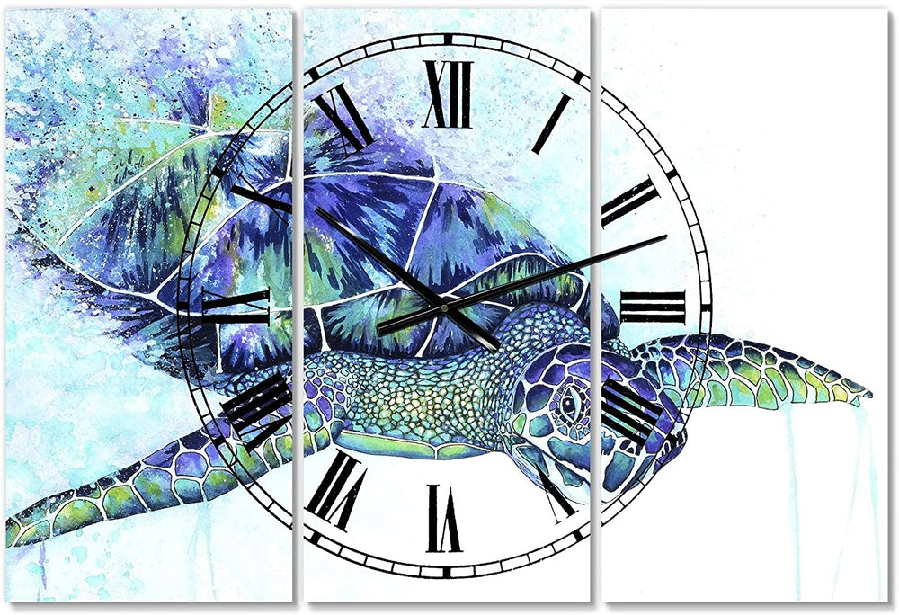 Sea Turtle' Oversized Cottage Wall Clock 3 Panels 36 Wide X 28 High Blue Farmhouse Traditional Rectangular Steel Finish Battery Included - Diamond Home USA