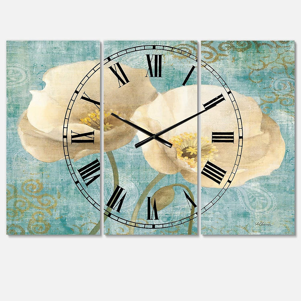 Bouquet Poppies Paisley Ii' Cottage 3 Panels Oversized Wall Clock 36 Wide X 28 High Panels Beige Farmhouse Traditional Rectangular Steel - Diamond Home USA