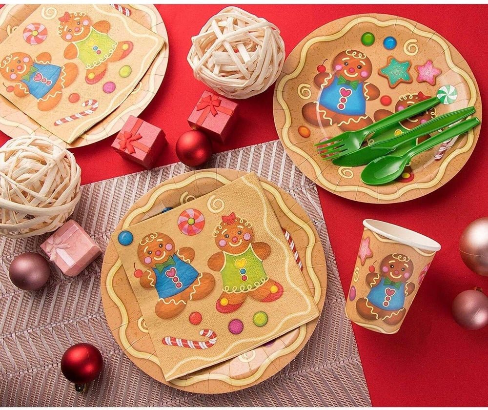 24 Set Christmas Party Disposable Dinnerware Boy Girl Gingerbread Cookie Design Color Holiday Casual Round Piece - Diamond Home USA