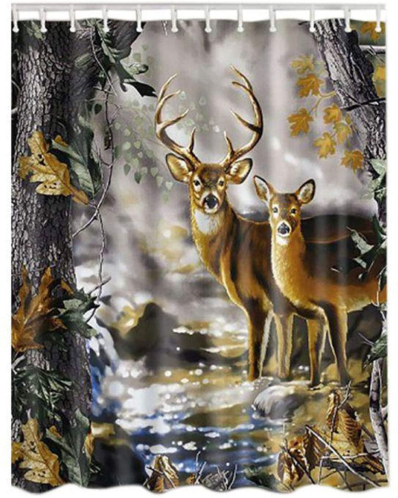 MISC Deer Rustic Lodge Shower Curtain Cabin Bathroom Decor Wild Animals Antlers Wildlife Forest Leaves Trees Brown Polyester 71x74