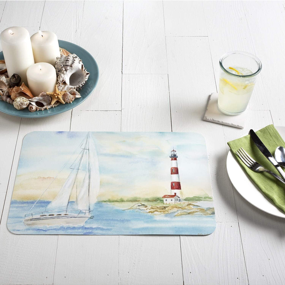 Wipe Clean Placemats Set 4 Lighthouse Scene Color Rectangle Plastic - Diamond Home USA