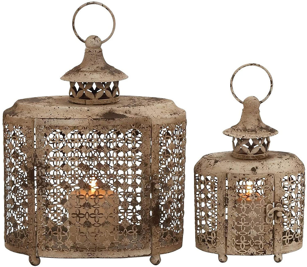 Distressed Lattice Oval Candle Lanterns (Set 2) Tan Iron Metal