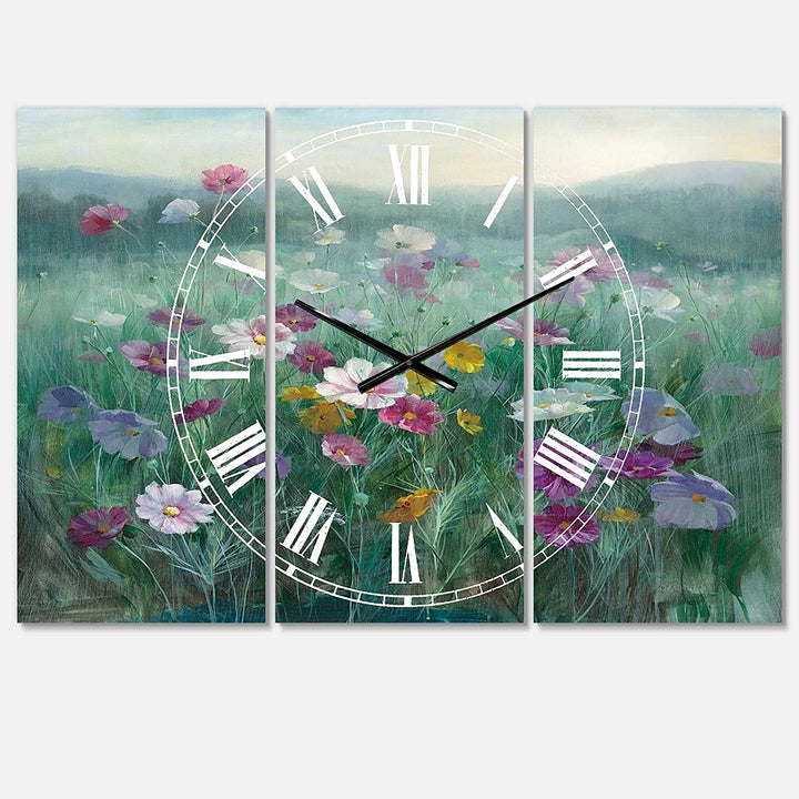 Flower Field' Cottage 3 Panels Large Wall Clock 36 Wide X 28 High Panels Blue Farmhouse Traditional Rectangular Steel Finish Battery Included - Diamond Home USA