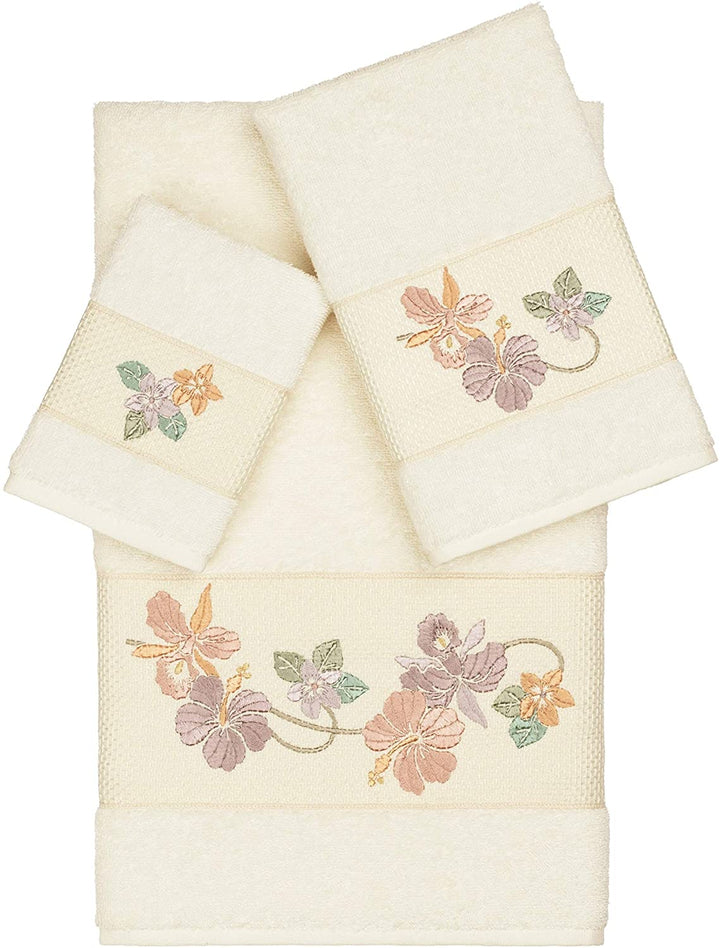 Turkish Cotton Floral Vine Embroidered Cream 3 Piece Towel