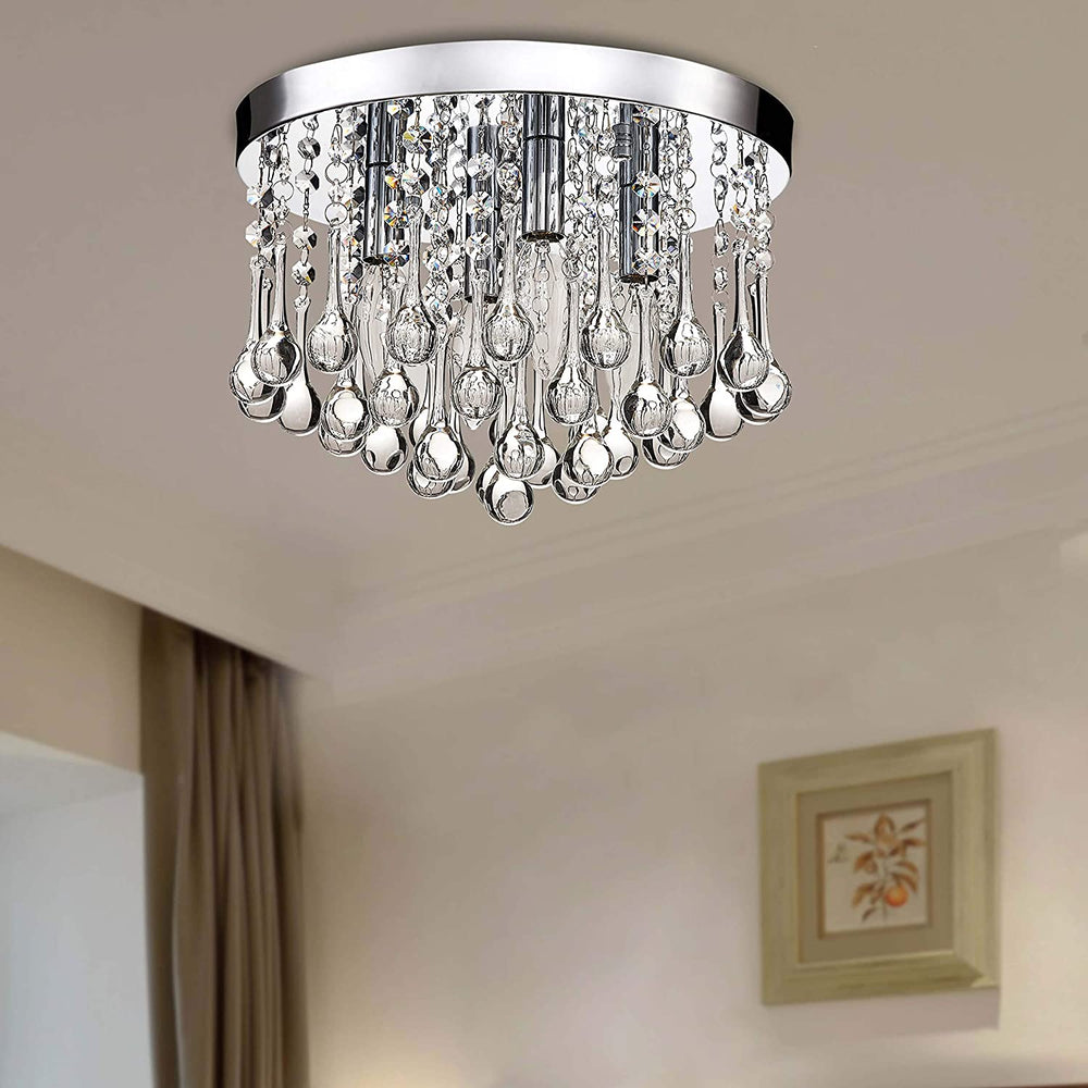 4 Light Chrome Finish Flush Mount Clear Crystal Drops Modern Contemporary Iron - Diamond Home USA