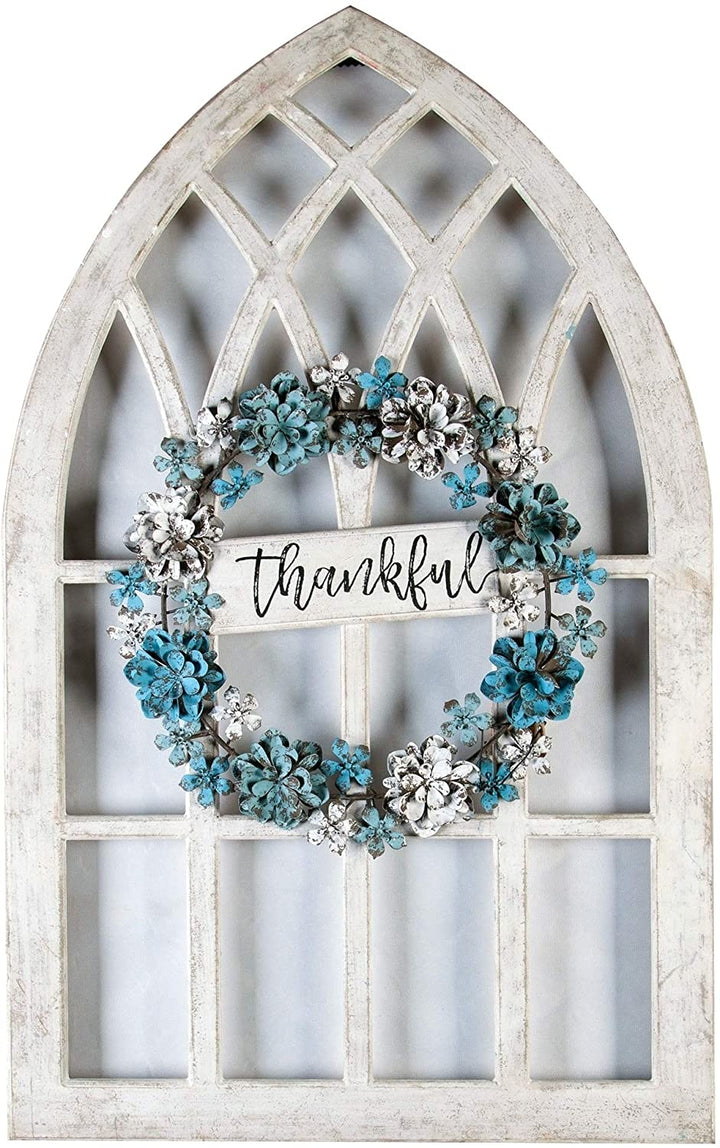 Metal Wood Thankful Cathedral Window Wall Decor Blue White