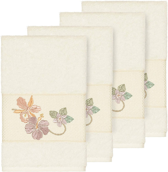 Turkish Cotton Floral Vine Embroidered Cream 4 Piece Hand Towel Set Off/White Cloth