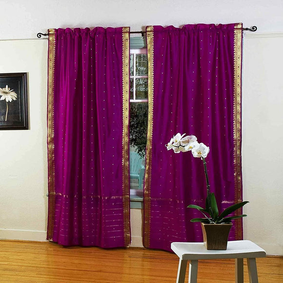 Violet Red 84 inch Rod Pocket Sheer Sari Curtain Panel (India) Pair 43 X 84 Inches (109 213 Cms) Purple Solid Traditional Polyester Handmade