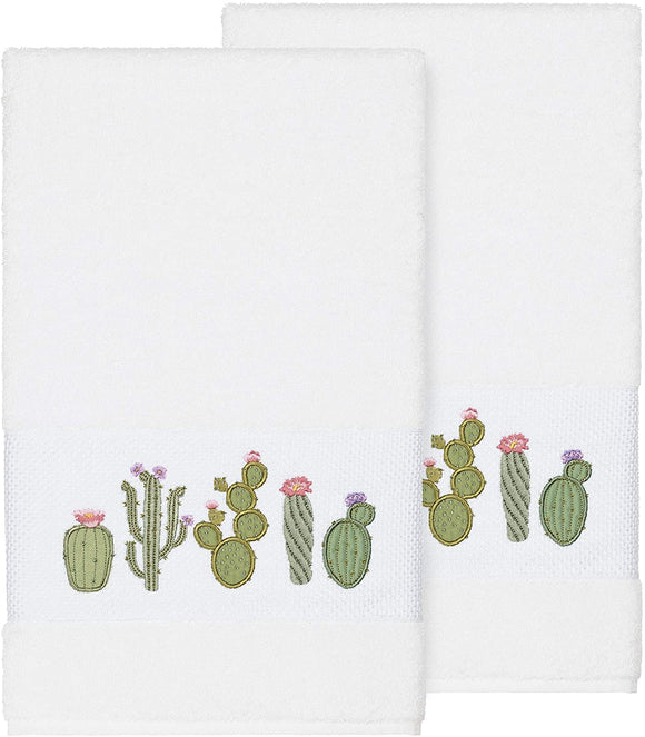 Turkish Cotton Cactus Embroidered White 2 Piece Bath Towel Set Botanical Terry Cloth