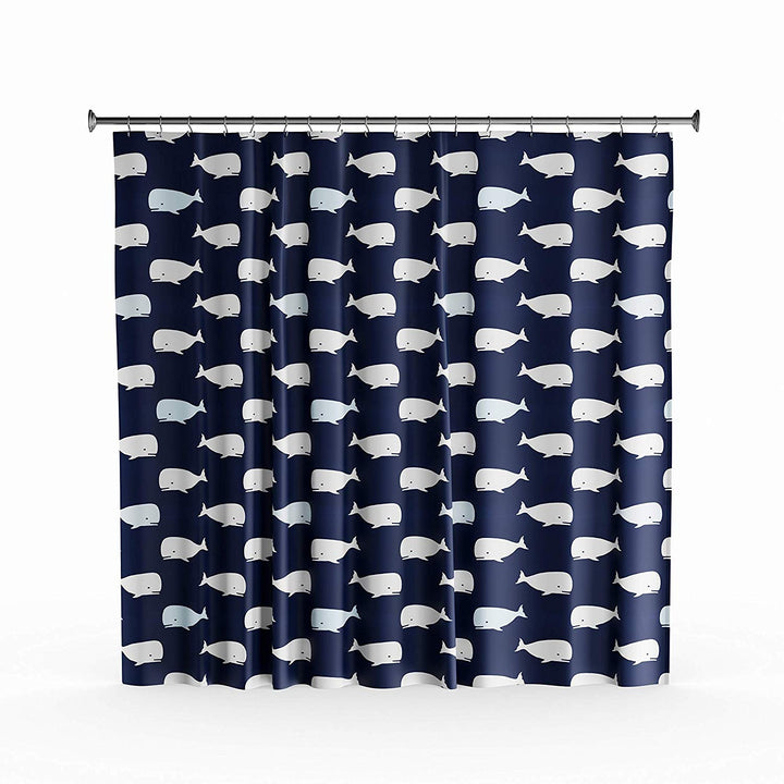 Whale Shower Curtain Kids White Blue Cartoon Animated Whales Nautical Fabric Bath Curtains Navy Background Childrens Ocean Animal Theme Coastal