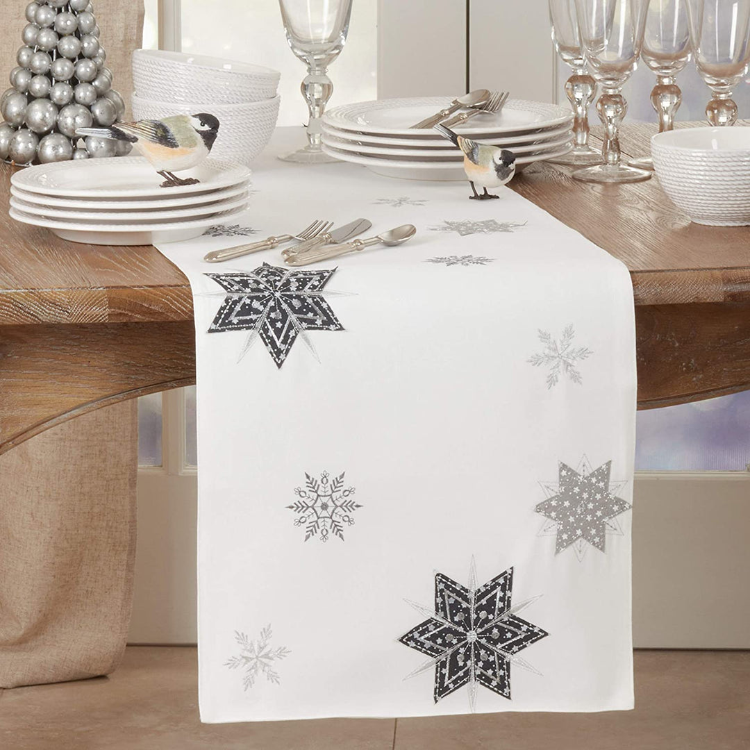 Table Runner Embroidered Snowflakes Design 16"x70" White