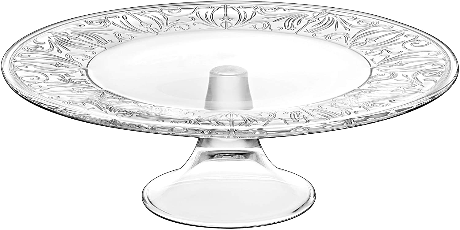European Glass Footed Plate Designed Border 13" d Clear Modern Contemporary Dishwasher Safe