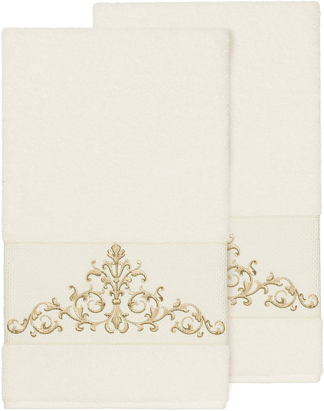 Cream Turkish Cotton Scrollwork Embroidered Bath Towels (Set