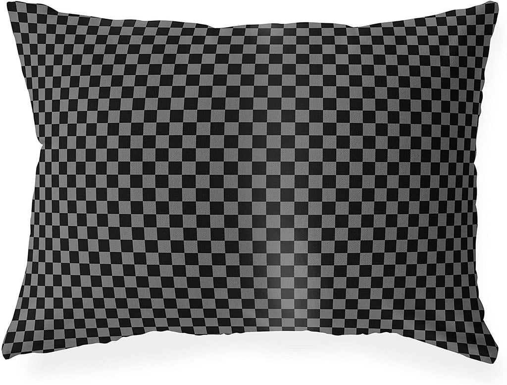 Checker Board Black Grey Indoor|Outdoor Lumbar Pillow 20x14 Black Geometric Modern Contemporary Polyester Removable Cover