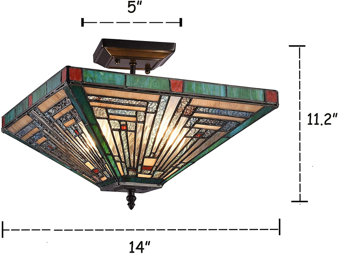 2 Light Mission Stained Glass Semi Flush Mount Color Mission Craftsman Tiffany Art Metal Dimmable