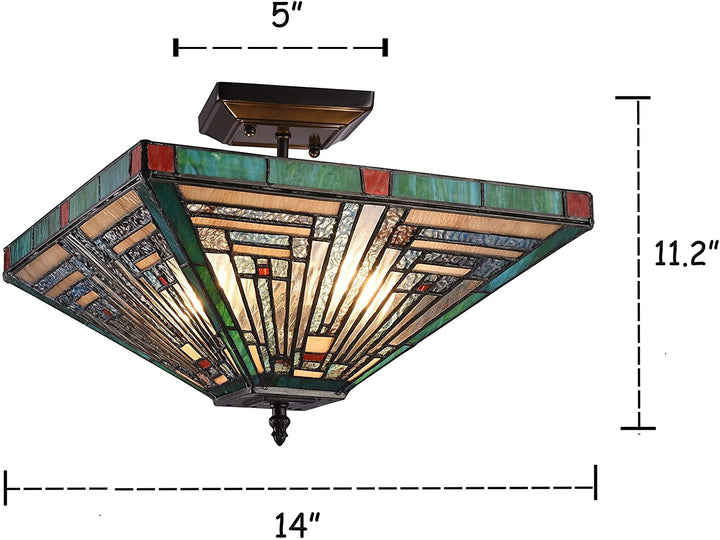 2 Light Mission Stained Glass Semi Flush Mount Color Mission Craftsman Tiffany Art Metal Dimmable