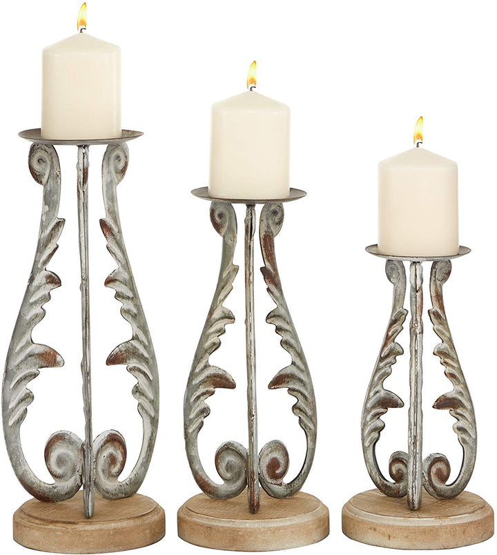 Distressed Silver Metal Wood Candle Holders Set 3 14" 12" 10" 6 X 14 Vintage - Diamond Home USA