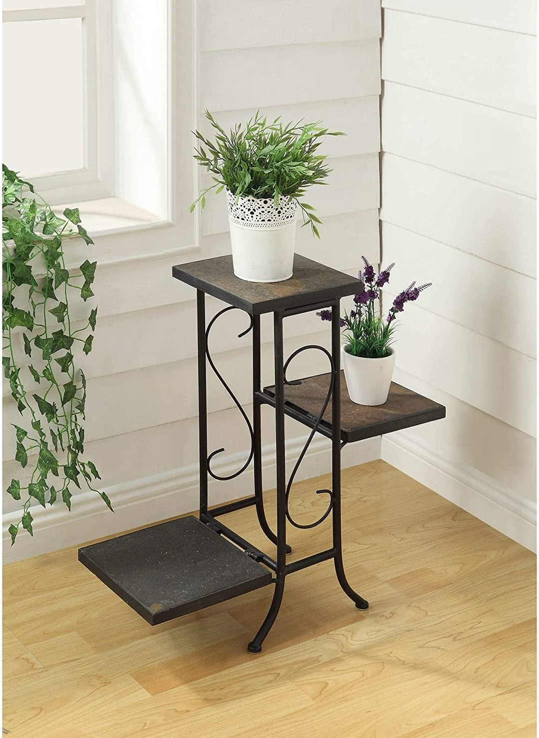 3 Tier Plant Stand W/Slate Top Black