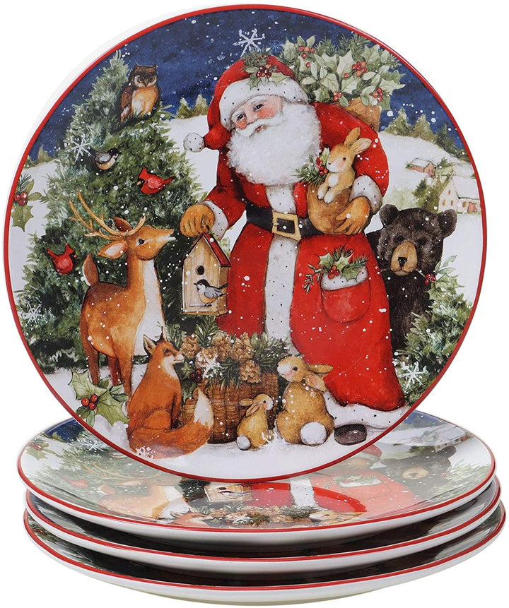 Magic Christmas Santa 16 Piece Dinnerware Set Service 4 Green Color Red Animal Casual Modern Contemporary Round 16 Piece Dishwasher Safe Microwave - Diamond Home USA