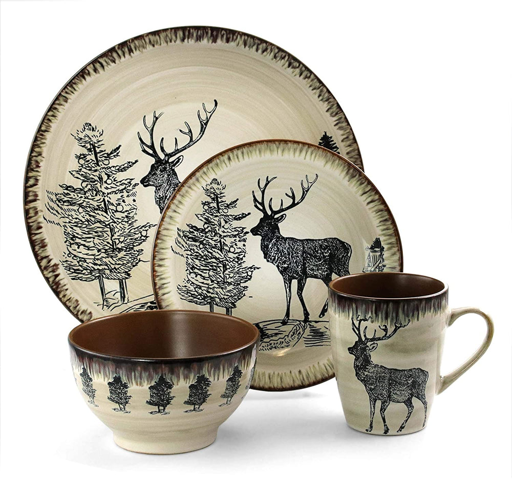 Moose Piece Round Stoneware Dinnerware Set Taupe Beige Animal Casual 16 Microwave Safe - Diamond Home USA